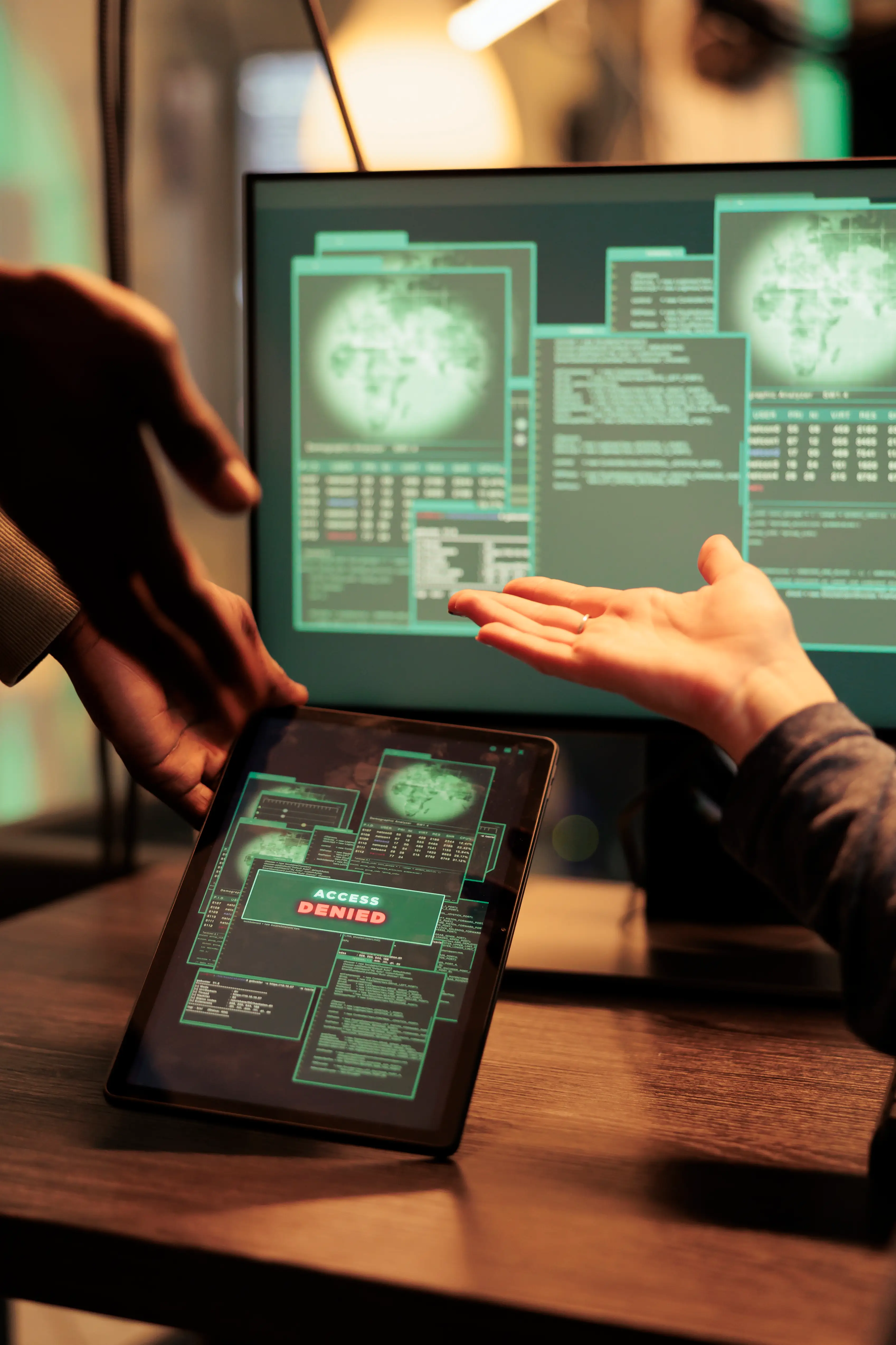 Security researchers having a discussion about the contents on a tablet